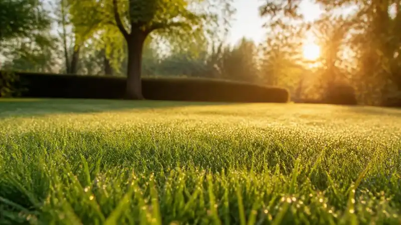 A lawn at sunrise, inside the 4 to 8 a.m. window Purdue Extension calls ideal for watering.