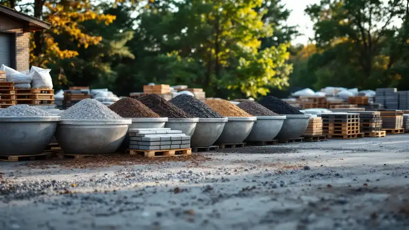 Mulch, gravel and topsoil bins with pallets of pavers at a supply yard.