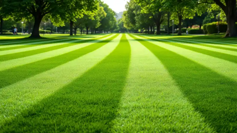 A park lawn freshly mowed in stripes.