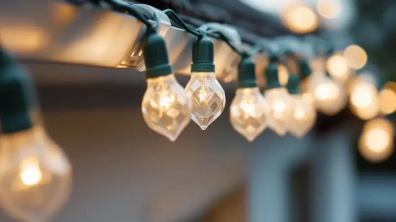 C9 LED bulbs clipped a foot apart along a gutter edge.