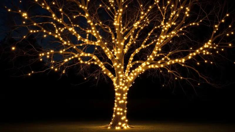 A shade tree wrapped limb by limb in warm white mini lights.