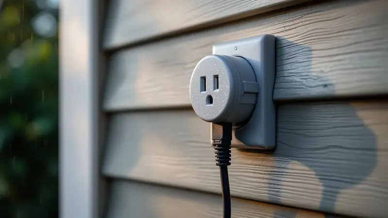 An exterior outlet in use. Code calls for a GFCI and a cover that closes over the plug.
