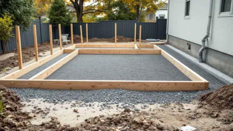 Forms set on compacted gravel, ready for reinforcement and the pour.