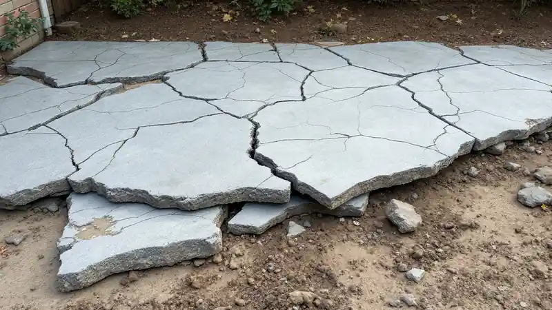 An old patio slab cracked through, the tear-out many quotes add.