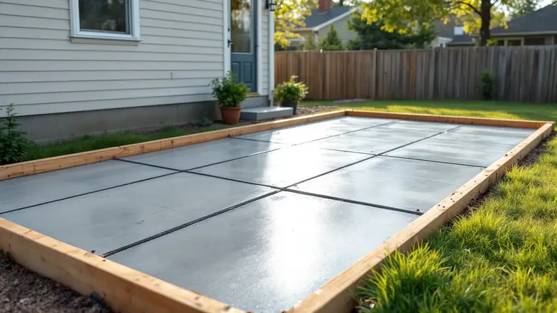 A new broom-finished concrete patio with tooled edges and control joints.