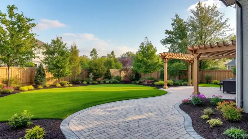 A finished backyard with pavers, lawn, beds and a pergola.