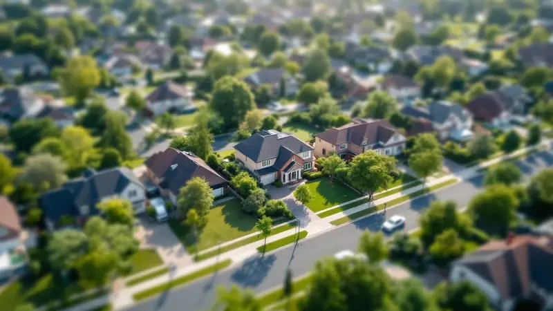 Rows of suburban homes, lawns and street trees from above.