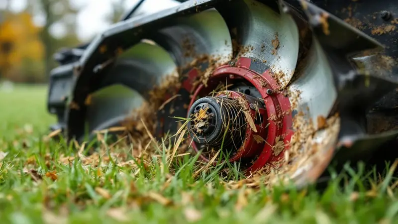 Flail blades on a walk-behind power rake slice into the thatch layer.
