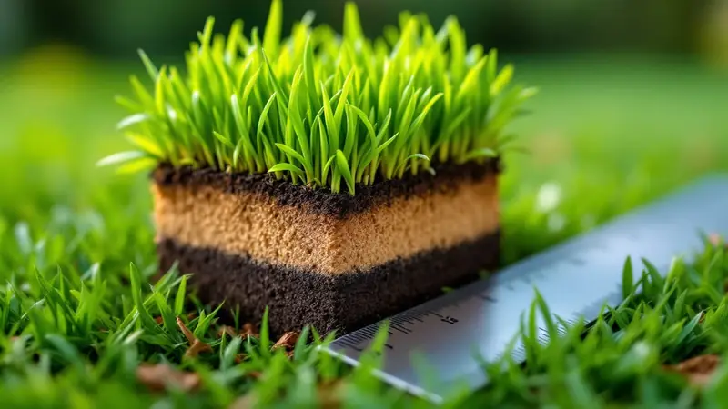 A cut plug shows the brown thatch layer between the grass and the soil.