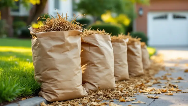 Paper yard waste bags of raked thatch wait at the curb for collection.