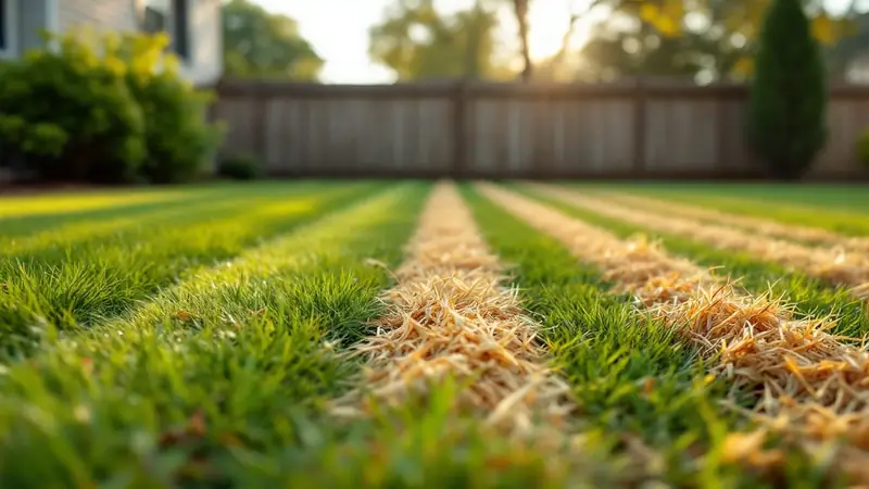 Windrows of loose thatch left on a bluegrass lawn after one pass with a power rake.