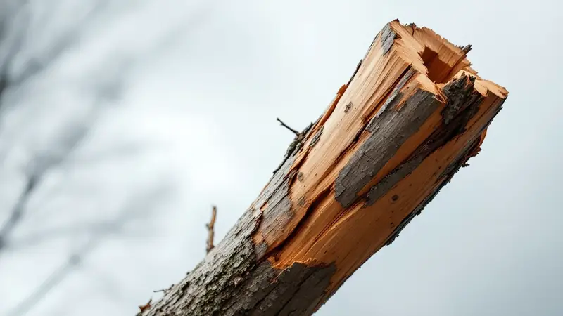 Splintered fibers on a snapped trunk can hold tension and spring back when cut.