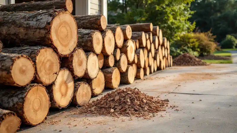 Cut rounds stacked by the driveway; keeping the wood can lower the haul-off charge.