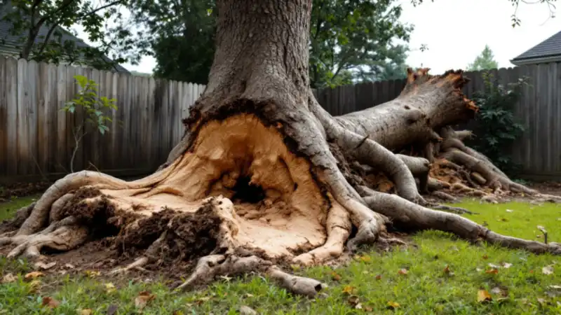 An uprooted root plate and a flattened fence after a summer windstorm.