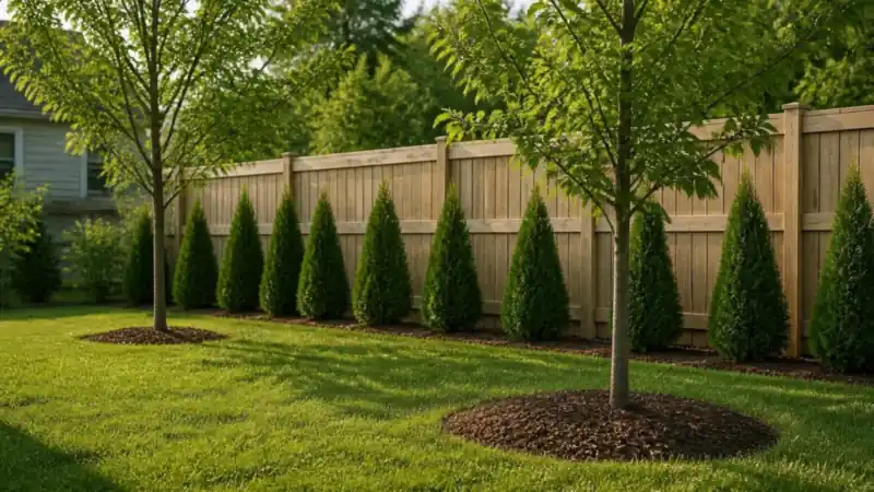 Young evergreen and shade trees planted along a backyard property line; growth rates for each species are in the tables below.