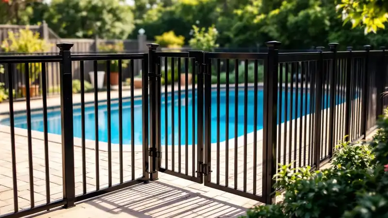 A black aluminum pool barrier with a self-closing, self-latching gate.