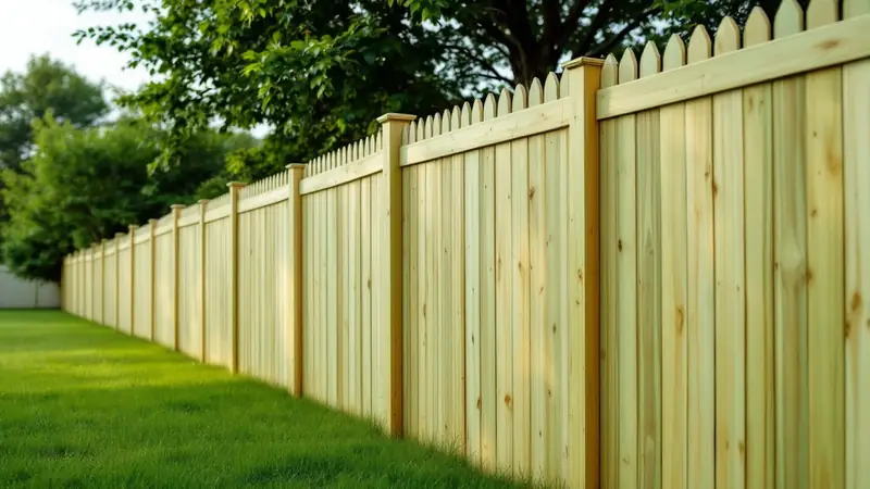 A new 6-foot treated-pine privacy fence along a backyard property line.