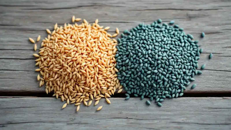Raw seed beside coated seed: the coating adds weight you pay for.