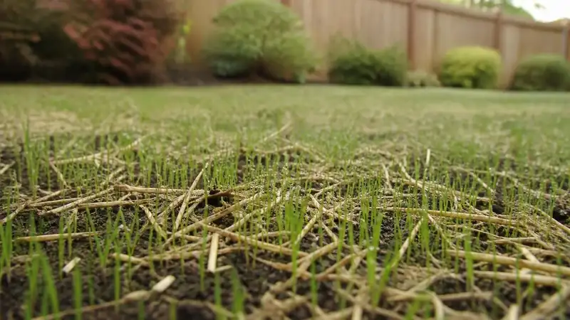 Grass seedlings emerging through light straw mulch, the stage cool-season seed reaches 1 to 3 weeks after sowing.