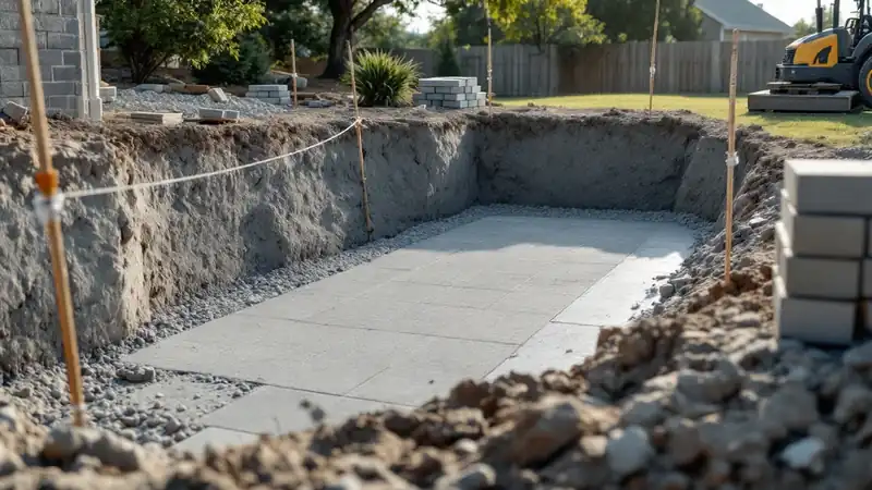 Compacted base, screeded sand and string lines set the patio's slope.