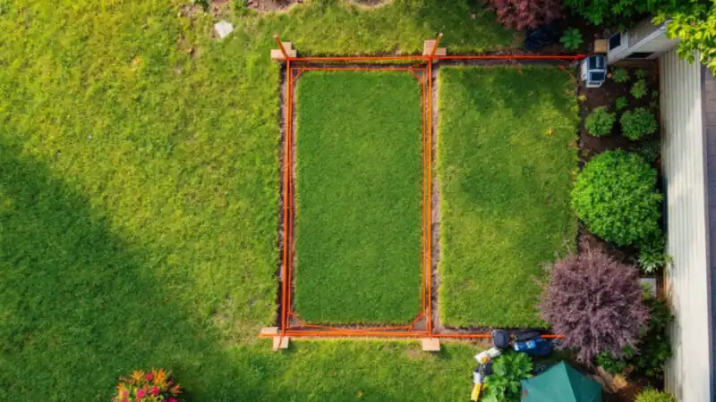 Stakes and string turn the plan's dimensions into a layout on site.