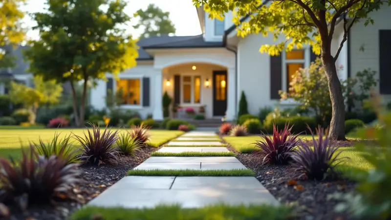 A freshly landscaped front yard and new walkway.