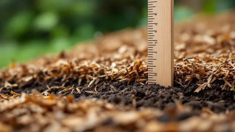 A cut edge shows about three inches of shredded mulch over soil.