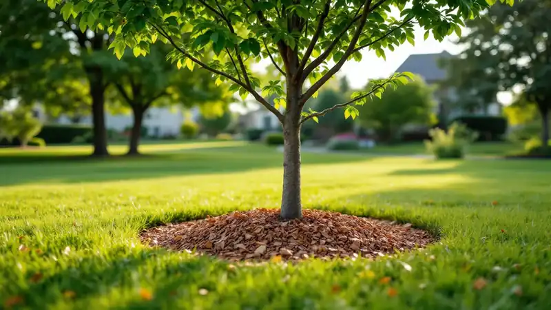 A wide, flat mulch ring with the chips pulled back from the trunk.