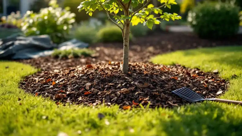 A fresh bed of shredded hardwood with the bulk pile still waiting on a tarp.