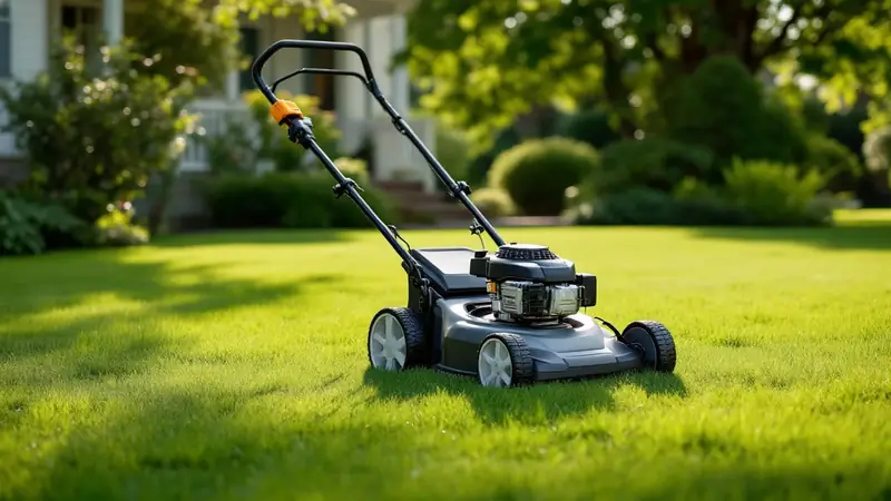 A plain walk-behind mower: the cheapest of the three start-up equipment tiers begins here.