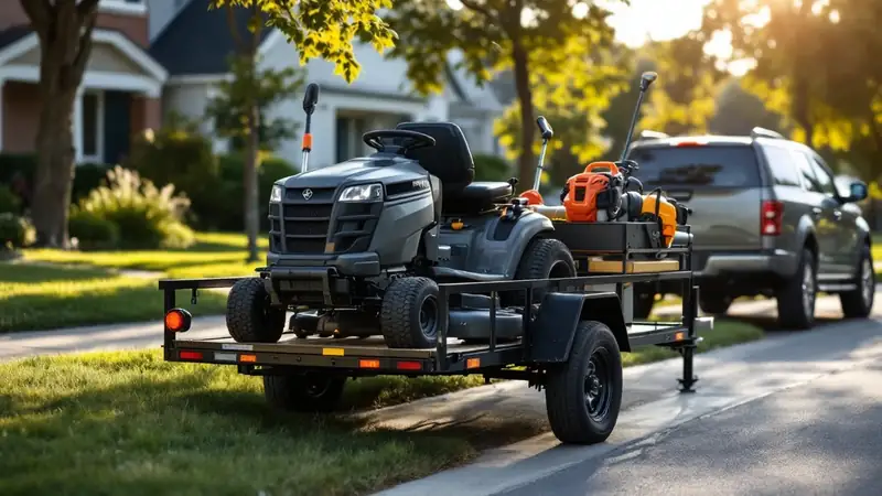 A riding mower and hand tools loaded on an open landscape trailer at the curb.