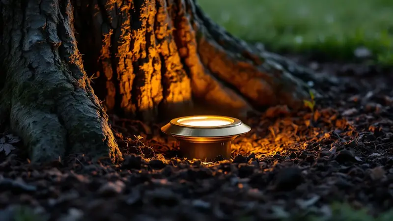 An in-ground well light grazing a tree trunk, set level in mulch.