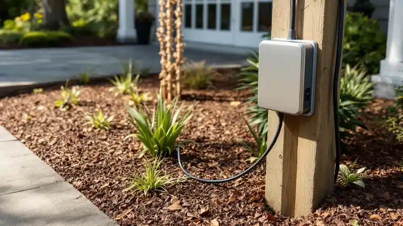 A plug-in transformer on a post, fed from a covered outdoor outlet.