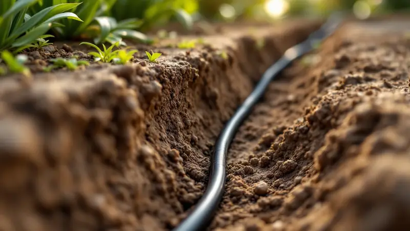 Low-voltage cable laid in a shallow trench beside a planting bed.
