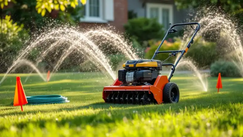 Small flags mark sprinkler heads before an aerator goes across the lawn.