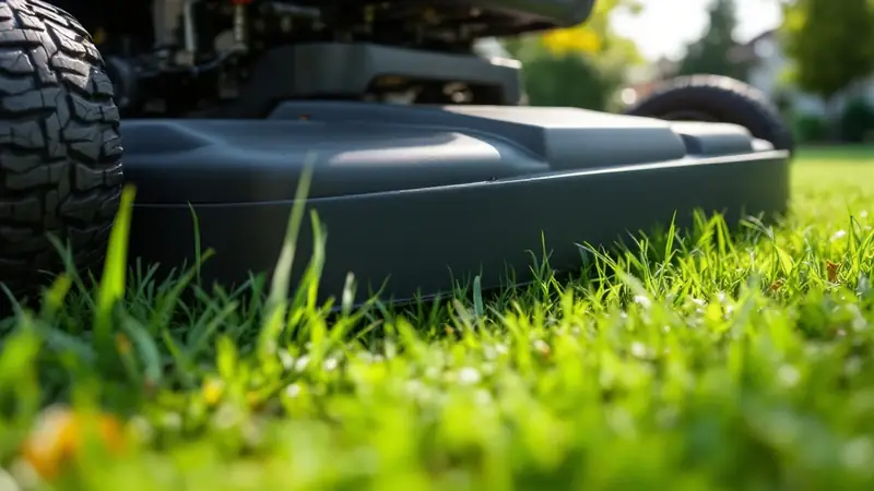 A wide mower deck on a home lawn: deck width sets how fast a crew finishes.