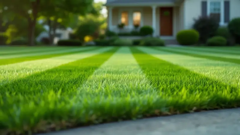 A freshly striped suburban lawn with a clean edge along the driveway.