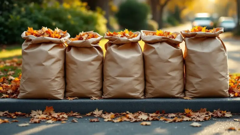 Paper leaf bags at the curb, the format most city collection programs require.