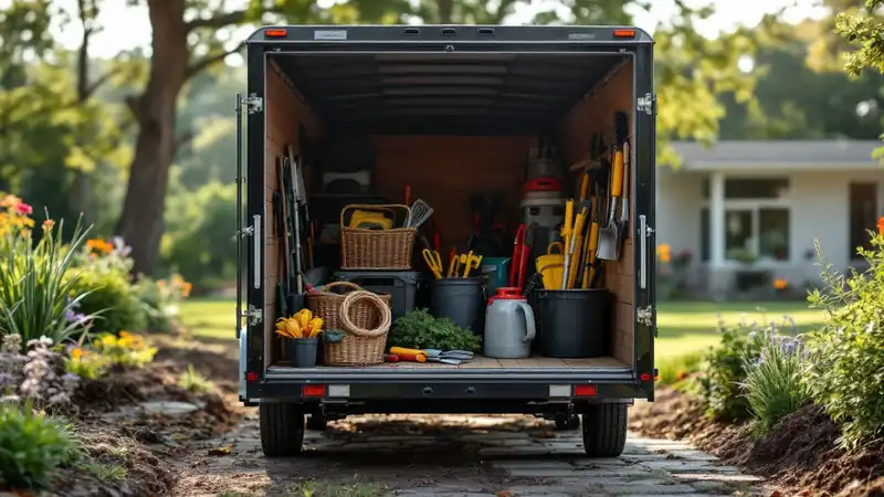 A crew trailer with tools organized for a residential job.