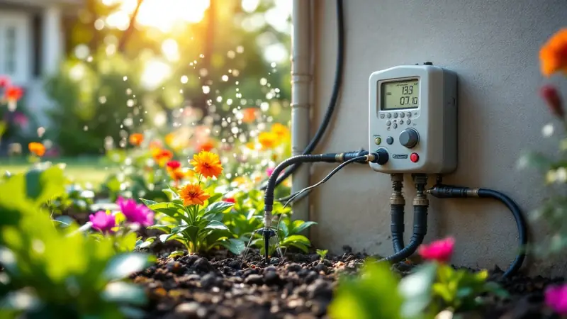 An irrigation controller and drip lines in a planting bed.