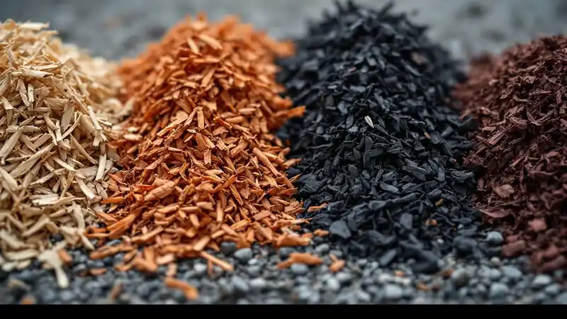 Natural, black, red and cedar mulch side by side at a supply yard.