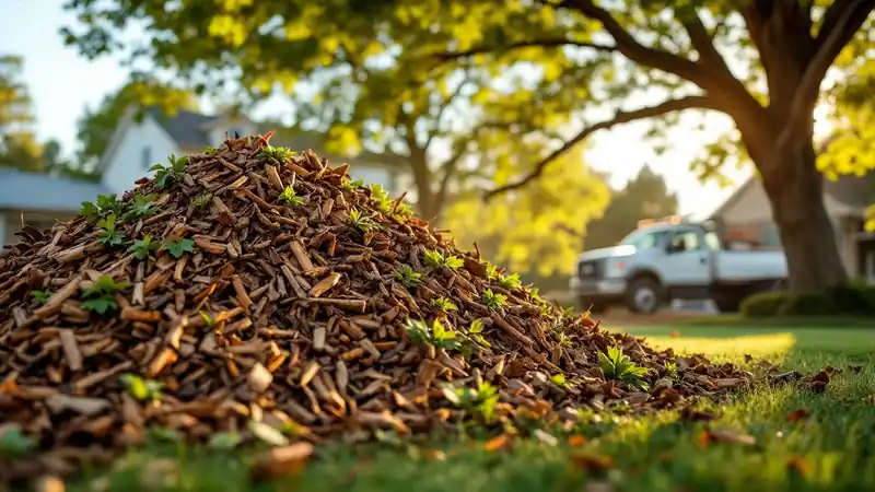 A free load of arborist wood chips, leaves and all, on a lawn edge.