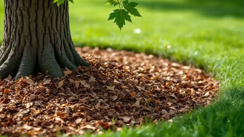 A flat mulch ring kept back from the trunk so the root flare shows.
