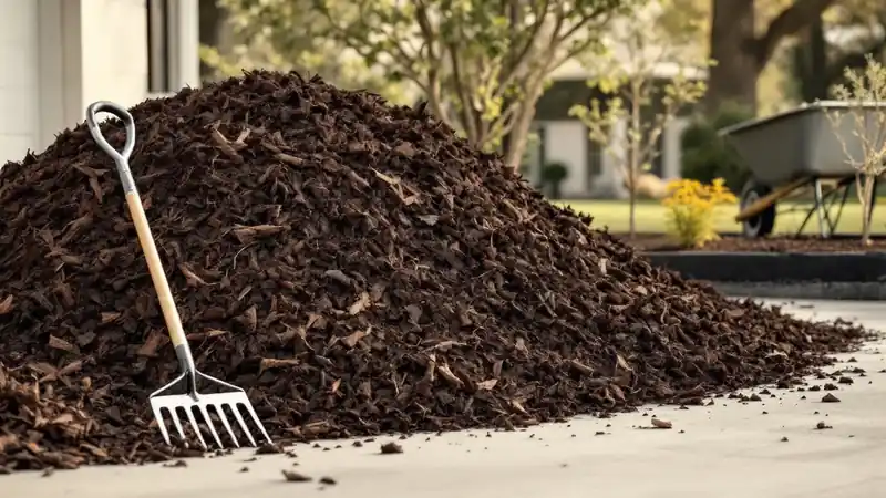 A fresh load of shredded hardwood mulch waiting at the end of the driveway.