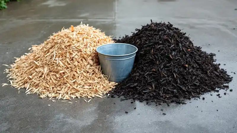 Light, dry chips beside dark, rain-soaked mulch: water can nearly double what a yard weighs.