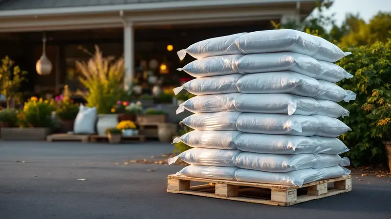 A shrink-wrapped pallet of bagged mulch waiting outside a garden center.