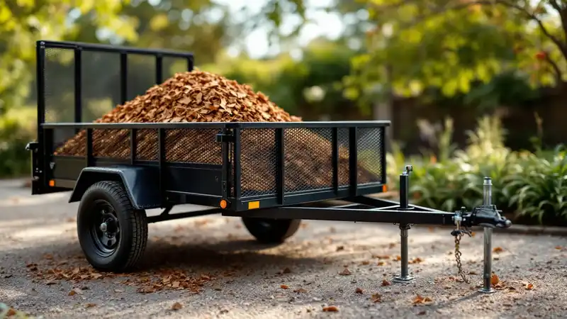 A small utility trailer loaded level with wood chip mulch.