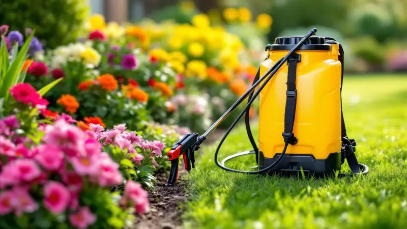 A backpack sprayer at the edge of a lawn and flower bed.