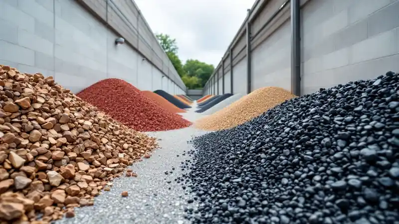 Bulk bays of river rock, lava rock, decomposed granite and beach pebbles at a stone yard.