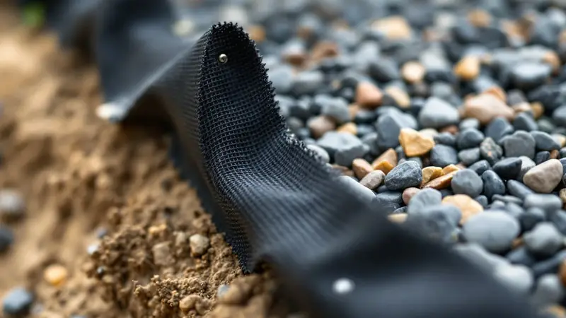 Woven fabric pinned at the seam, half covered by a 3-inch layer of river rock.